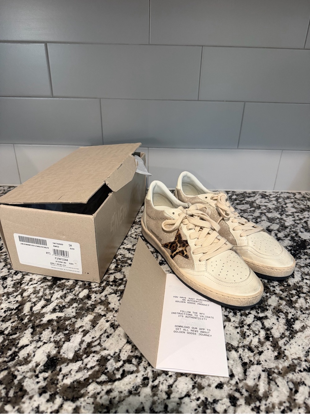 Golden Goose Cream Low-Top Sneakers with Leopard Star Accent